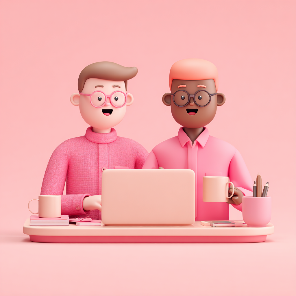 Verktaki vinnur á fartölvu í pastell vinnustofu